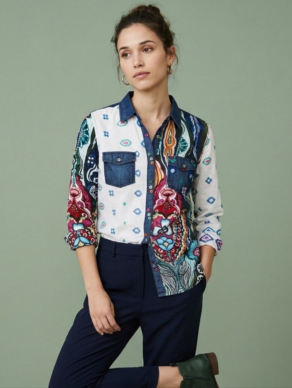 Desigual XL Bohemian Artsy Eclectic Western Mixed Media Patchwork Button Shirt
